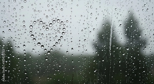 Fototapeta Close up view of raindrops on a window pane with blurred trees and foliage in the background