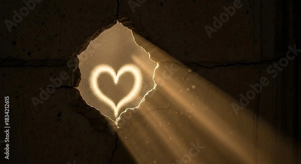 Fototapeta A glowing heart shape projected onto a textured surface illuminated by dramatic light rays