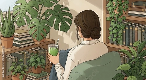Fototapeta Cozy scene of a person relaxing with a drink surrounded by lush green houseplants and books