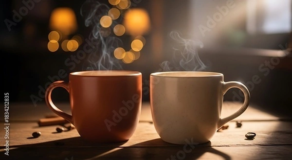 Fototapeta Two steaming mugs of hot coffee on a wooden table with soft bokeh lights in the background