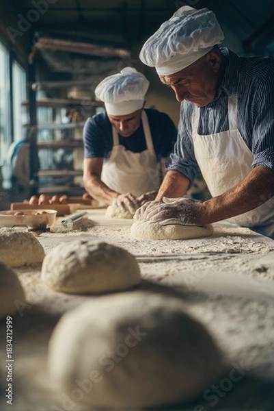 Fototapeta Two male bakers in white aprons and chef's hats knead dough on the table of an industrial bakery with eggs, flour, sugar, oil, and water on it.