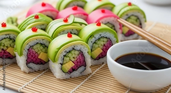 Fototapeta Artfully arranged colorful sushi rolls with avocado and red garnish served with soy sauce