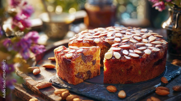 Obraz dessert fruitcake, plum cake, or almond bundt cake topped with nuts and syrup, presented on dark slate and wood surface with flowers. The image conveys holiday baking, gourmet food, rustic sweetness.