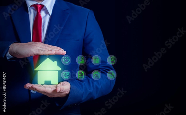 Fototapeta Businessman protecting a glowing house icon with insurance and finance symbols, representing home security, property protection, and financial safety.