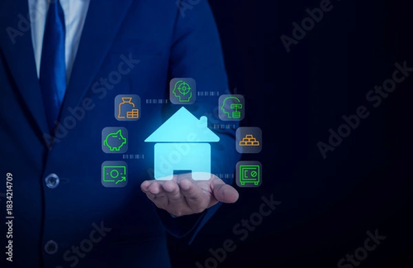 Fototapeta Businessman protecting a glowing house icon with insurance and finance symbols, representing home security, property protection, and financial safety.