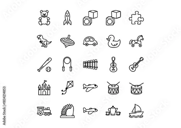 Fototapeta Black and White Vector Toy Icons Collection, Minimalist Kids' Toys Icon Set (Line Art), Unique Childhood Plaything Symbols