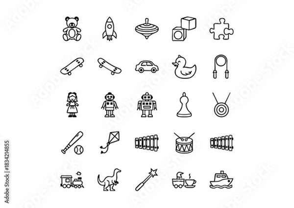 Fototapeta Black and White Vector Toy Icons Collection, Minimalist Kids' Toys Icon Set (Line Art), Unique Childhood Plaything Symbols