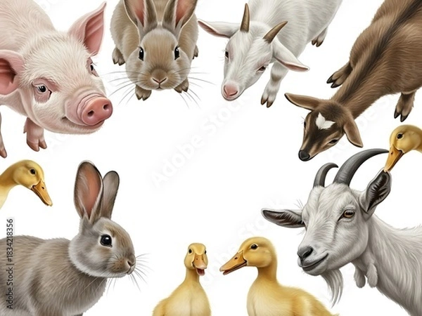 Fototapeta Farm animals frame isolated on white background featuring pig, rabbit, goat, and ducklings in a circle, perfect for childrens illustrations and designs
