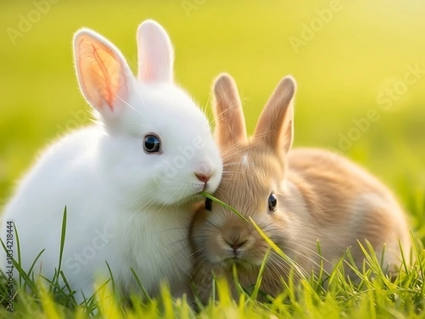 Fototapeta Two adorable bunnies, one white and one brown, nestled together in lush green grass, bathed in soft sunlight, creating a heartwarming and peaceful scene