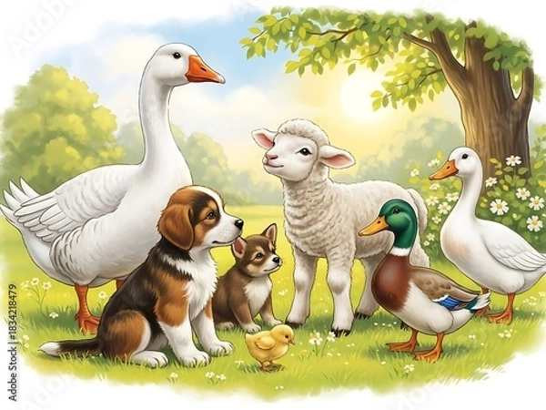 Fototapeta A charming gathering of farm animals, including geese, a lamb, ducks, and playful puppies, enjoying a sunny day in a lush green meadow