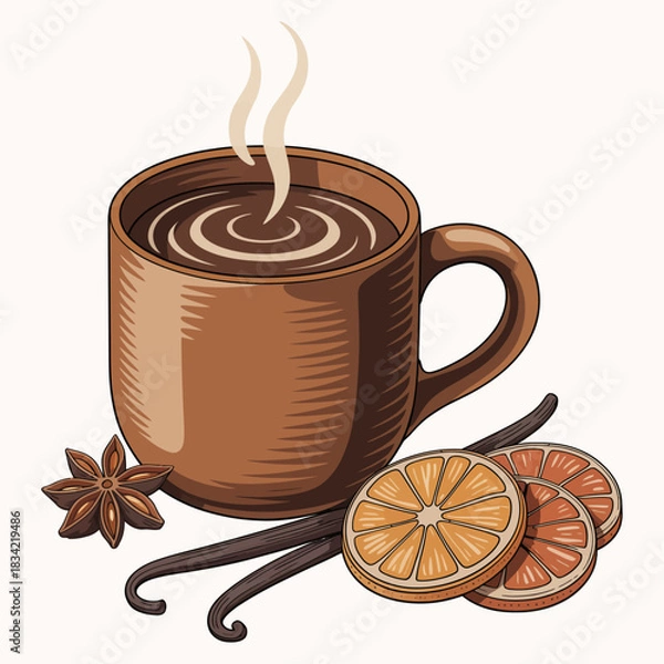Fototapeta Rustic hot drink with citrus slices, star anise, and cinnamon sticks illustration.