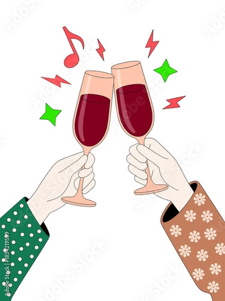 Fototapeta Cheers illustration with two hands toasting wine glasses with music notes and sparkles.