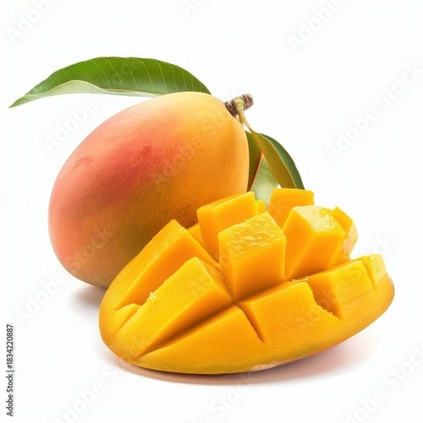 Obraz Fresh Mango with Slices on White Background for Healthy Eating
