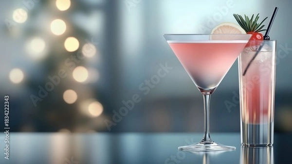 Fototapeta Festive pink cocktails on a bar with bokeh lights