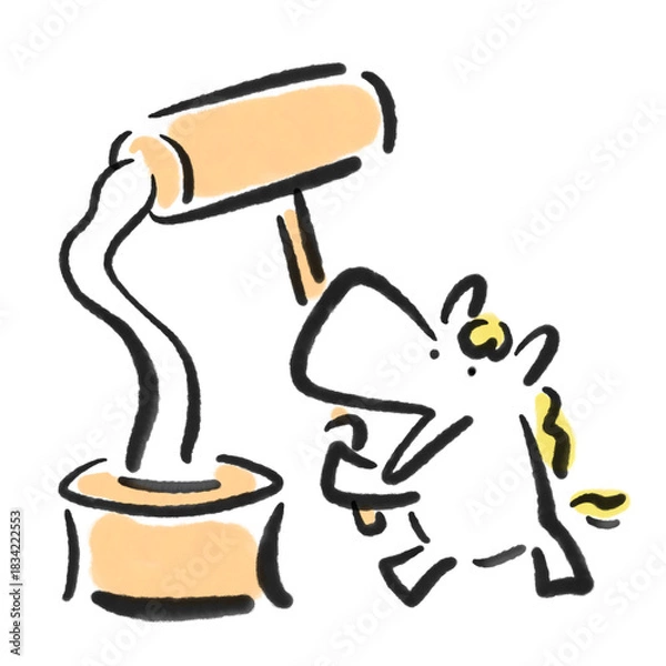 Obraz 墨絵の臼と杵で餅つきをする白馬　日本の正月行事