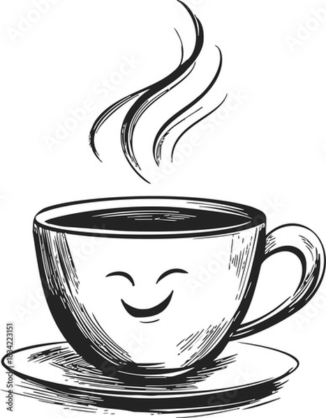 Fototapeta Coffee cup with smiling face sketch, hand drawn style, hot steam rising. Vector illustration