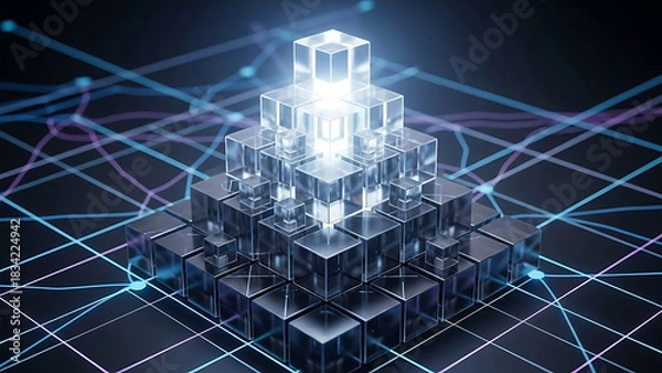Fototapeta Abstract data flow: digital network structure with glowing cubes