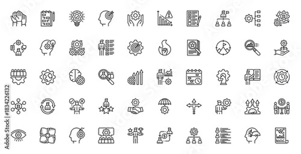 Fototapeta Set of Management vector. Participation, Plan, Inspiration, Purpose, Hands, Crisis, Evaluation, Leadership, Operating, Manager, Idea, Process, Skills, Target, Motivation, Assessment, Mission icon.