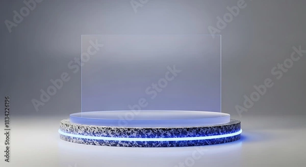 Fototapeta Futuristic podium with neon light and clear panel display
