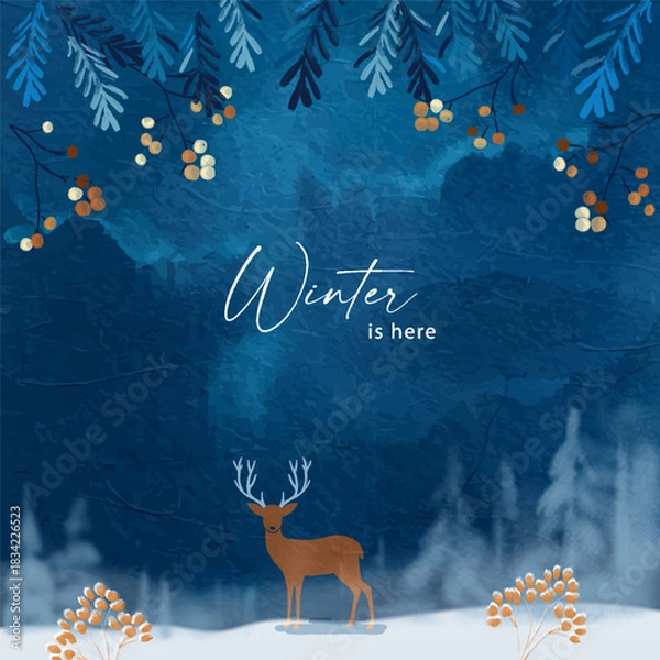 Fototapeta Dark blue watercolor sketch of a winter night. Christmas watercolor drawing with majestic Christmas deer, distant snow-covered winter forest and winter plants. Scene of the winter wonderland