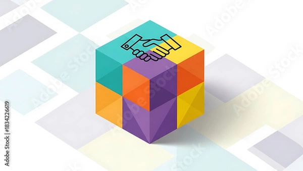 Fototapeta Partnership concept with shaking hands on geometric cube