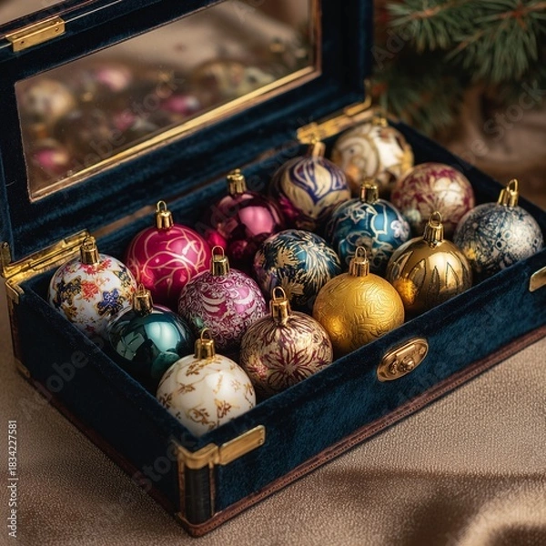 Fototapeta An exquisite assortment of ornately decorated ornaments, nestled within a luxurious velvet-lined case.