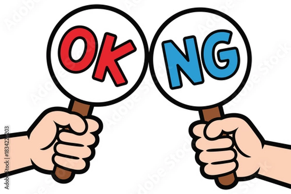 Obraz Two hands hold signs, one with 'OK' and the other with 'NG', indicating a decision.