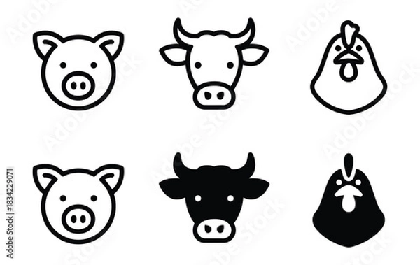 Obraz A collection of stylized farm animal icons, including pigs, cows, and chickens, in both outline and solid fill styles.