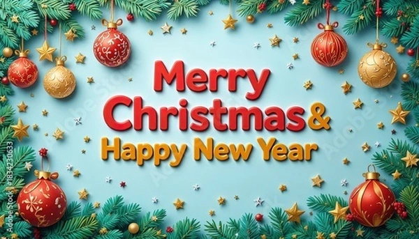 Fototapeta Spread Holiday Cheer with a Festive Merry Christmas and Happy New Year Greeting, Adorned with Ornaments and Evergreen Branches for a Joyful Celebration