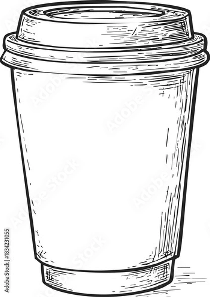 Fototapeta Coffee cup sketch hand drawn disposable to go with lid. Vector illustration