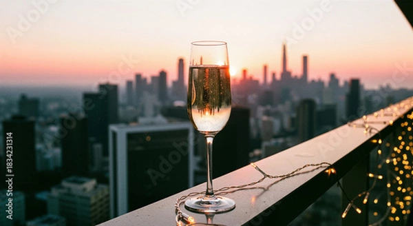 Fototapeta Elegant champagne glass on a rooftop balcony railing with sparkling string lights. Luxury celebration concept against blurred city skyline during golden sunset
