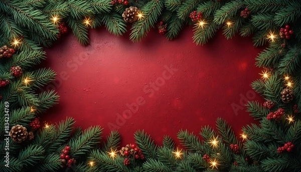 Fototapeta Elegant Christmas frame with festive pine branches, twinkling lights, and vibrant red berries creating a cozy holiday atmosphere for invitations and greetings