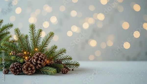 Fototapeta Create a Cozy Christmas Vibe with Evergreen Branches and Pinecones Against a Sparkling Bokeh Background for Your Holiday Designs and Festive Projects