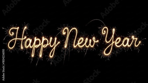 Fototapeta Sparkling golden happy new year text on black background