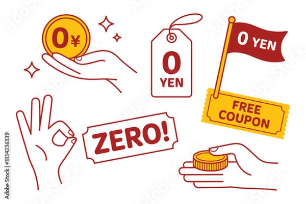 Obraz Promotional elements like zero yen coin, free coupon, and okay hand gesture signify a special offer.