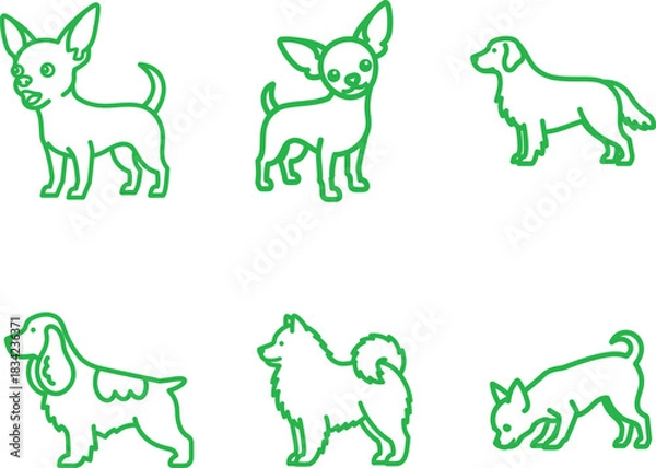 Fototapeta Collection of dog breed outlines in green including Chihuahua Golden Retriever Cocker Spaniel and Pomeranian showing a variety of popular dog breeds for pet lovers