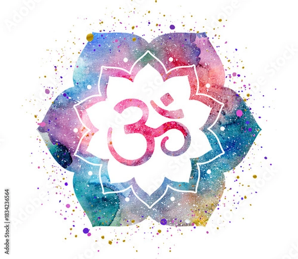 Fototapeta Om symbol painted inside a flower frame or mandala, watercolor texture, splashes of paint, colorful bright illustration. Can be used for prints, printing design, home decor design and more.