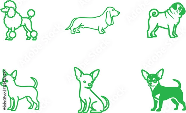 Fototapeta Collection of green dog breed line art illustrations showcasing different canine varieties poodle dachshund pug chihuahua in a simple and modern style perfect for logo design