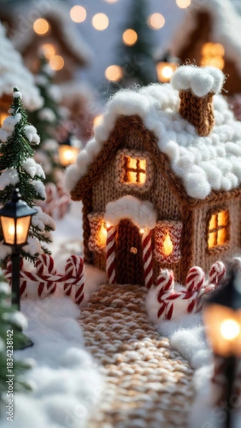 Fototapeta Stylized artistic image of a cozy knitted winter house with glowing windows, soft yarn snow, and warm festive lights. Handmade craft aesthetic in a dreamy holiday scene.
