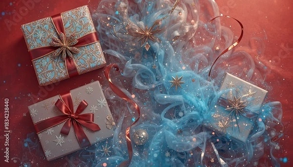 Fototapeta Elegant holiday gifts with snowflake details and red ribbons create a festive and joyous mood for Christmas or winter celebrations and seasonal promotions