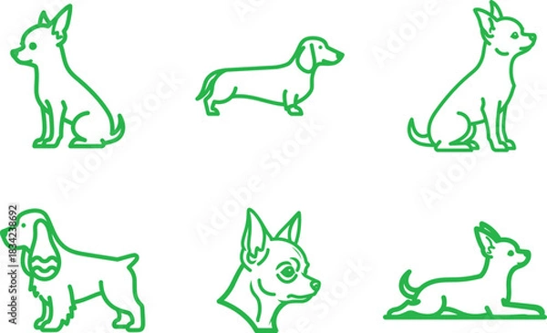 Fototapeta Collection of Line Art Dog Breed Icons in Green Outline Isolated on White Background Vector Illustration Set for Animal Lovers Veterinary and Pet Related Designs
