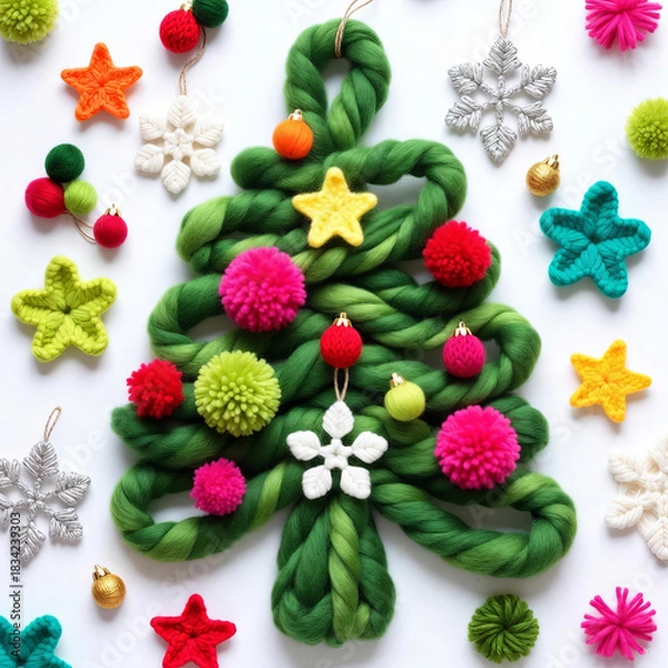 Fototapeta Colorful stylized image of a handmade yarn Christmas tree decorated with vivid pom-poms and knitted stars. Artistic and playful holiday craft design.