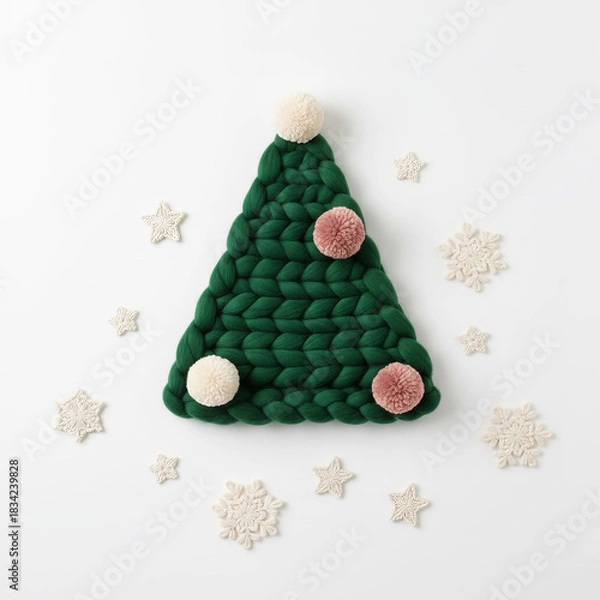 Fototapeta Stylized minimalist image of a handmade knitted Christmas tree with soft pastel pom-poms. Clean, elegant winter craft design.