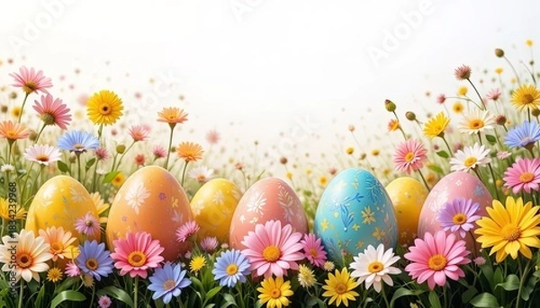 Fototapeta Delightful Easter egg hunt in a vibrant spring meadow, promising joy and renewal with colorful flowers blooming under the warm sunshine