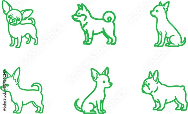 Fototapeta Minimalist Dog Breed Outline Icons Set Featuring Chihuahua Shiba Inu and French Bulldog Posing on a White Background Perfect for Pet Related Designs