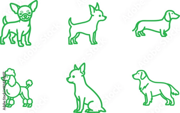 Fototapeta Various Dog Breed Outlines in Green Isolated on White Background Representing Pet Diversity and Breed Specific Characteristics a Charming Vector Graphic Illustration