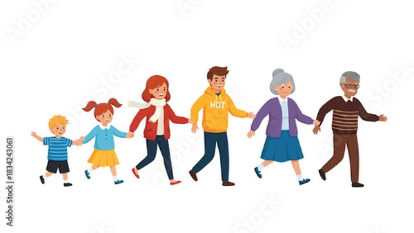 Fototapeta MultiGenerational Family Walking Together Holding Hands Isolated on Transparent Background Illustration