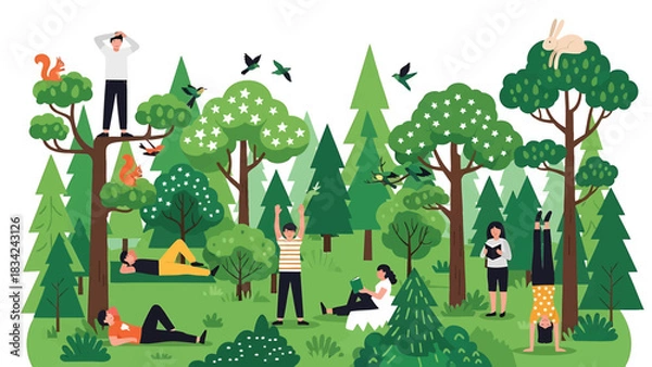 Fototapeta People Relaxing and Enjoying Nature in a Forest Graphic Illustration Style