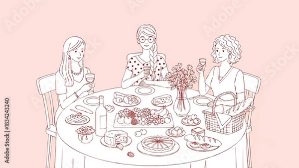 Fototapeta Three women enjoying a delightful dinner party with food and drinks in line art