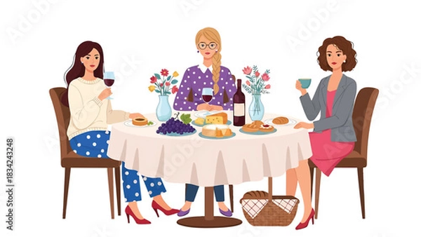 Fototapeta Three women enjoying wine and cheese at a luncheon isolated on transparent background